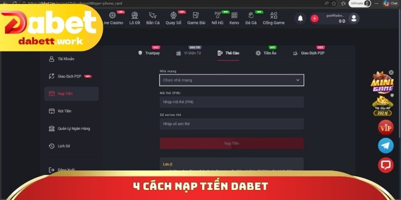 4 cách nạp tiền DABET