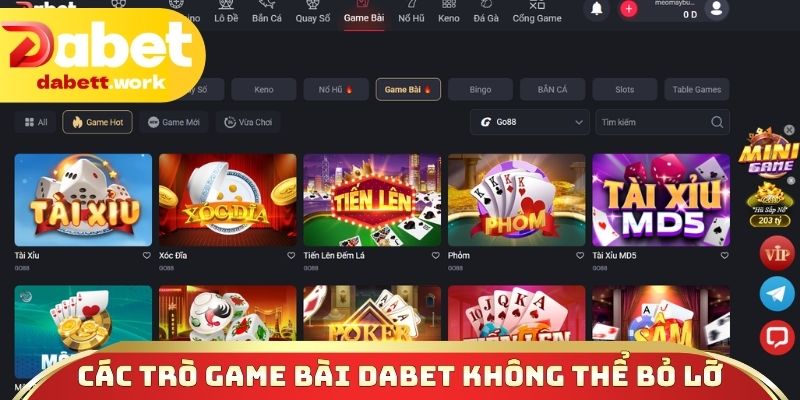 Các trò game bài DABET không thể bỏ lỡ